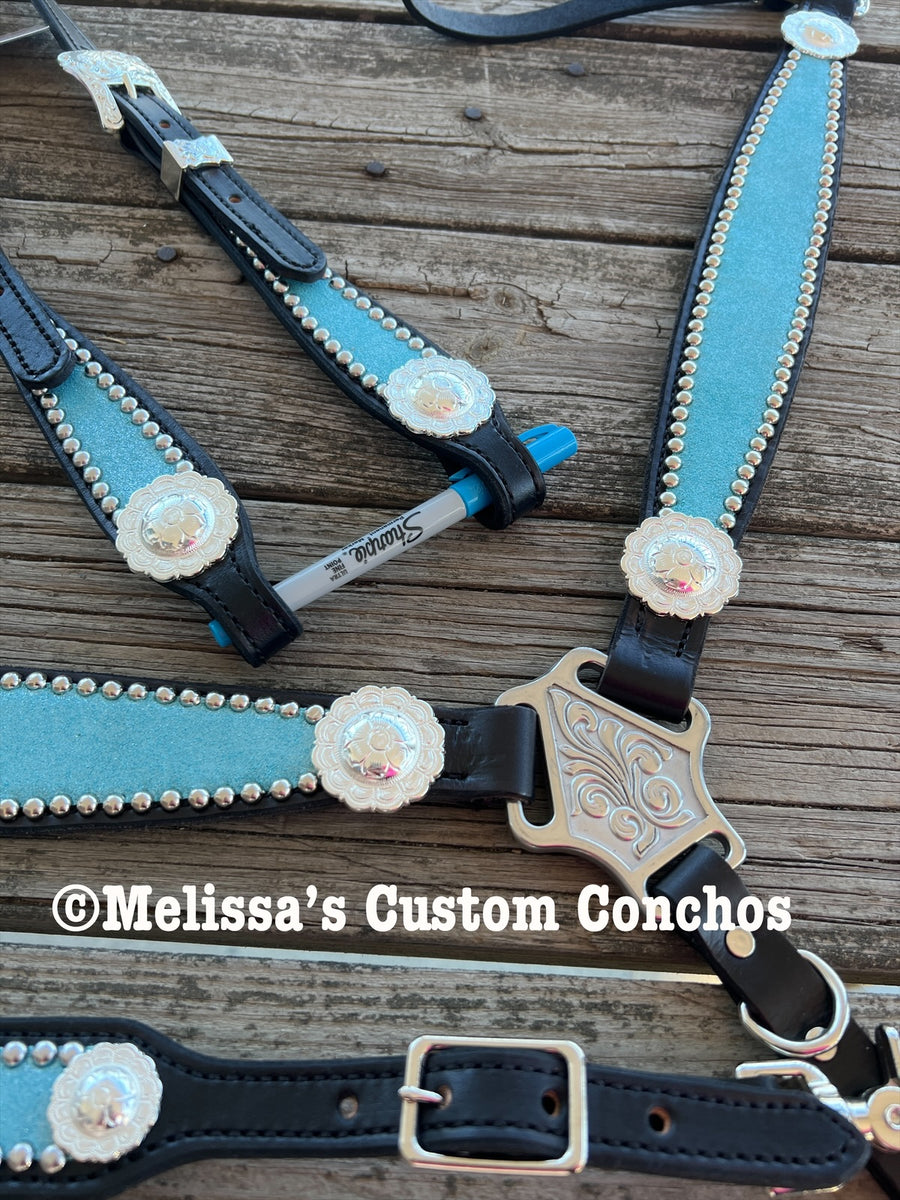 Coiffe De Tête (headstall) équine Andrea Turquoise Avec Conchos & Pectoral Assorti - Neuf