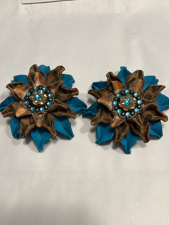 Turquoise/Cheetah/Gold Leather Flowers