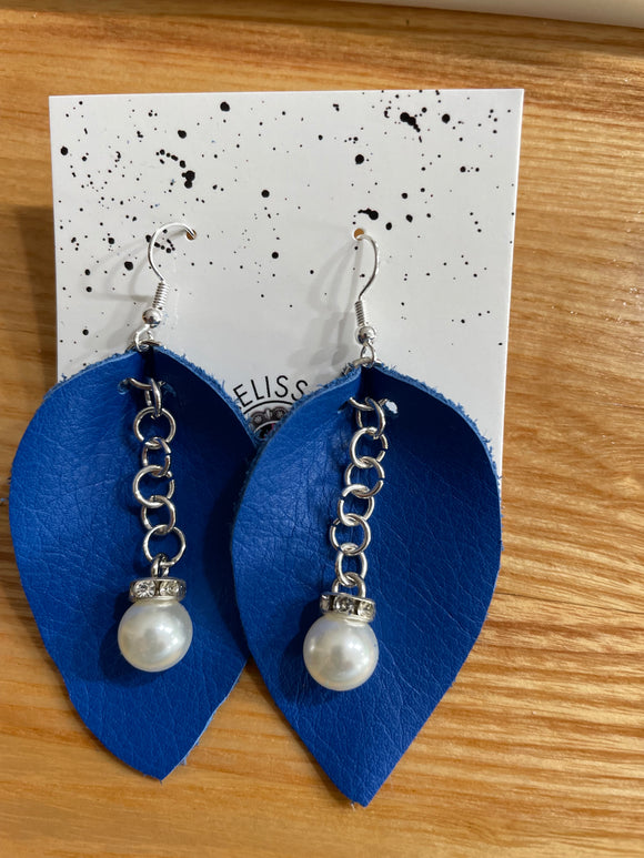 Blue with pearls Leather Earrings