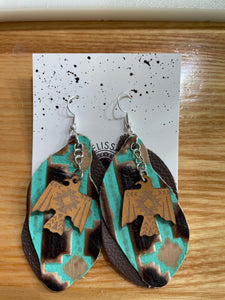 Turquoise Leather Tunderbird  Earrings