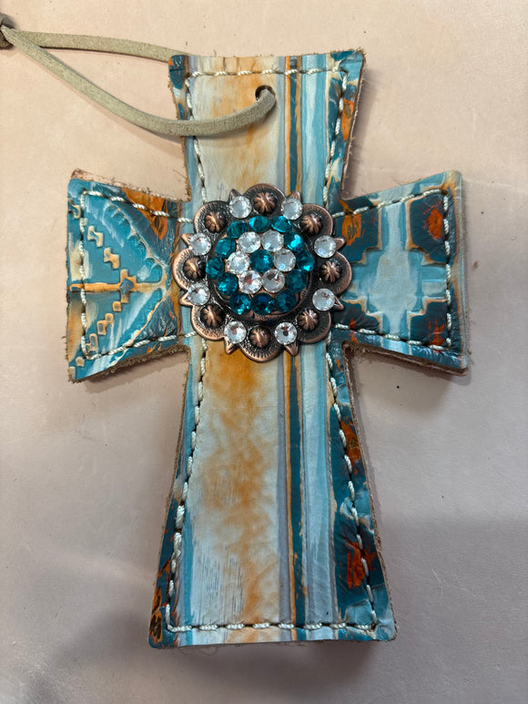 Turquoise/Orange Aztec Saddle Cross