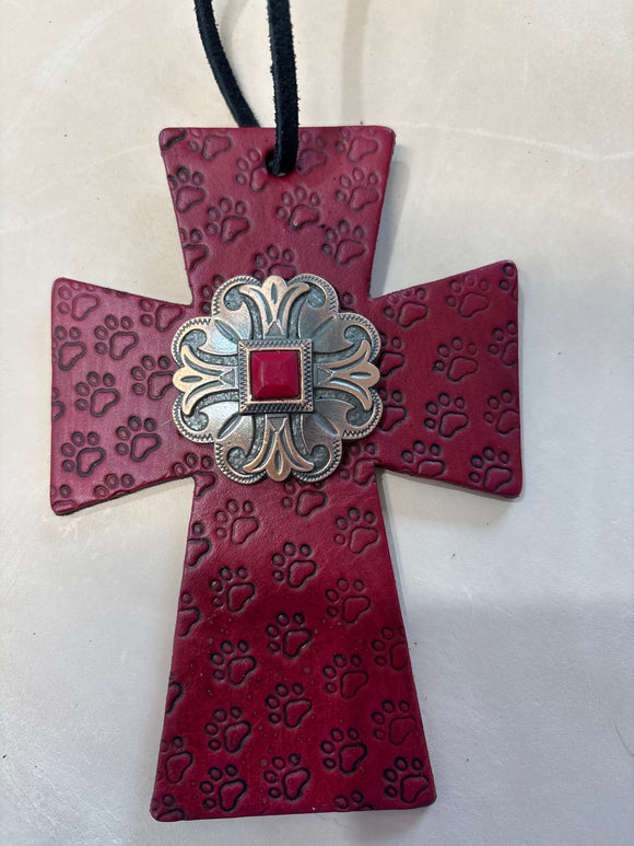 Red Paw Print Stamped Saddle Cross