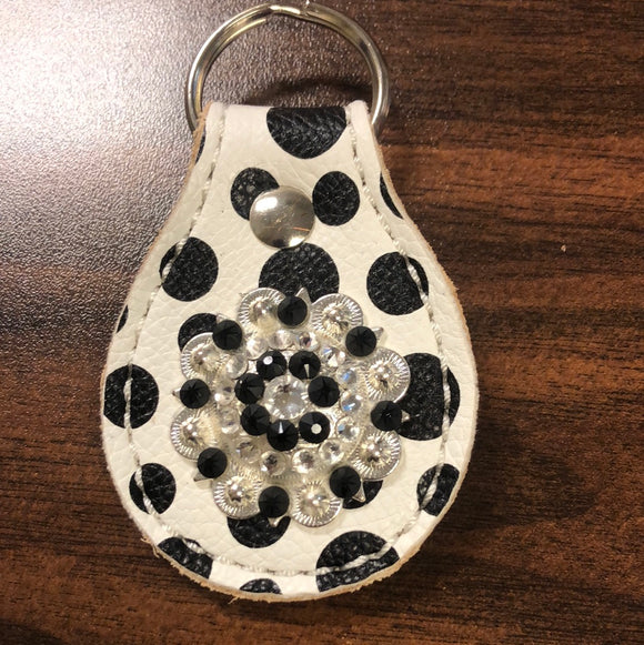 Black/White Polka Dot leather keychain