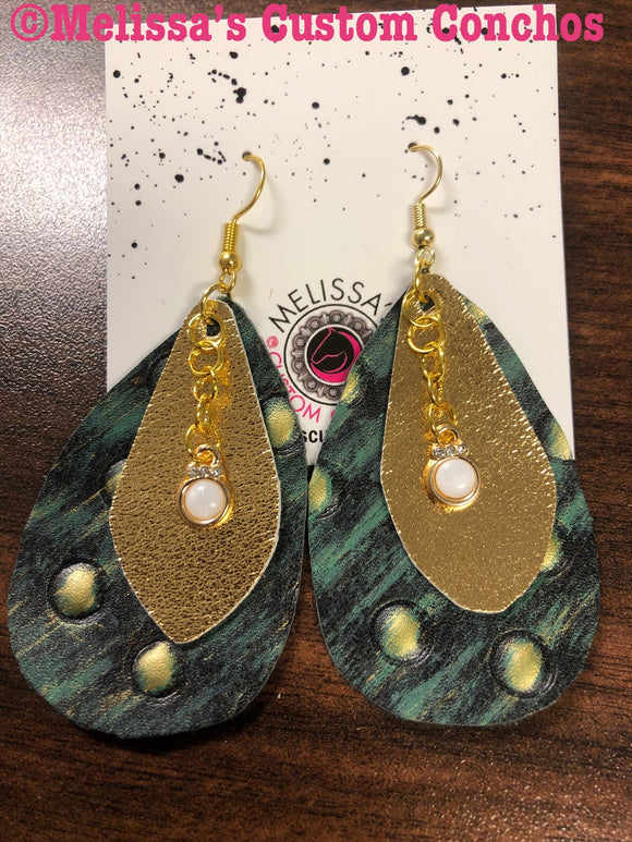 Green/Gold Leather Earrings