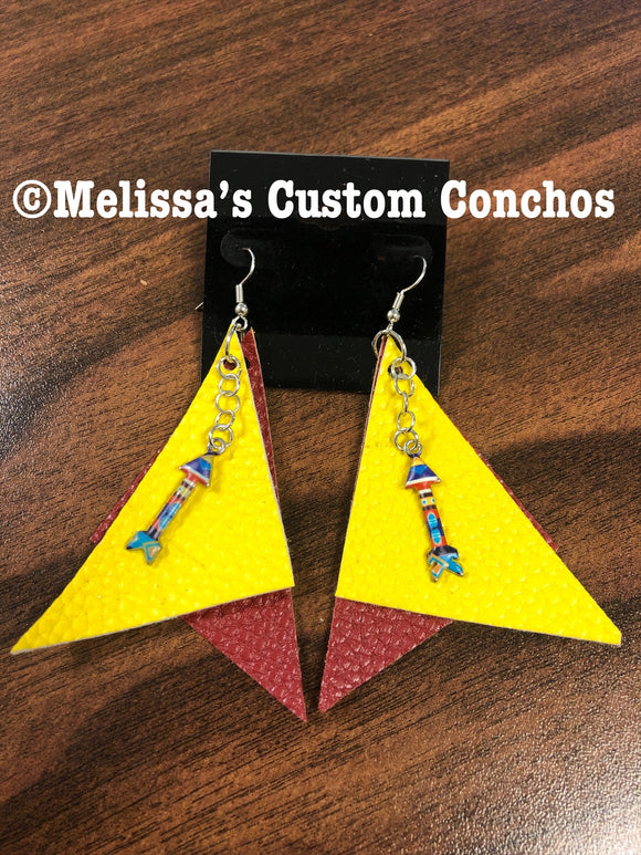 Maroon/yellow Leather Earrings with arrows