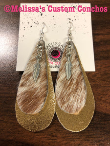Gold and cowhide Leather Earrings with feathers