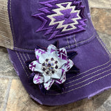 Purple Aztec High Pony Baseball Hat with flower