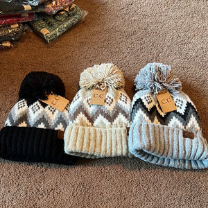 Aztec Chevron Knit Pom Beanie with fuzzy lining