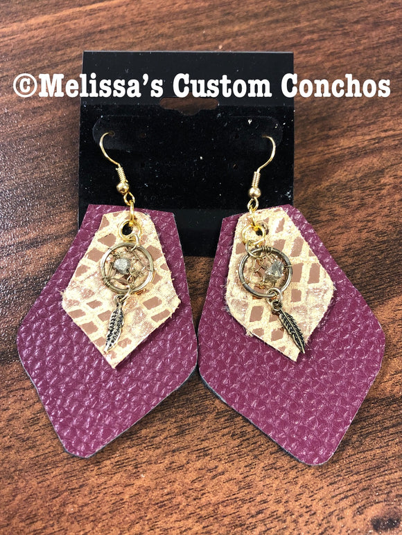 Maroon/Rose Gold Leather Earrings with Dream catchers