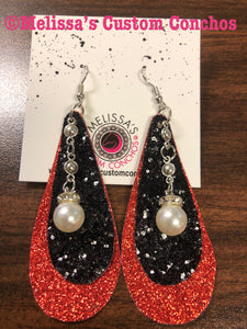 Red and Black Sparkly Leather Earrings