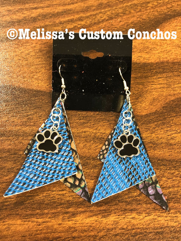 Blue Leather Earrings with paw prints