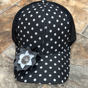 Black Polka Dot Baseball Hat with flower