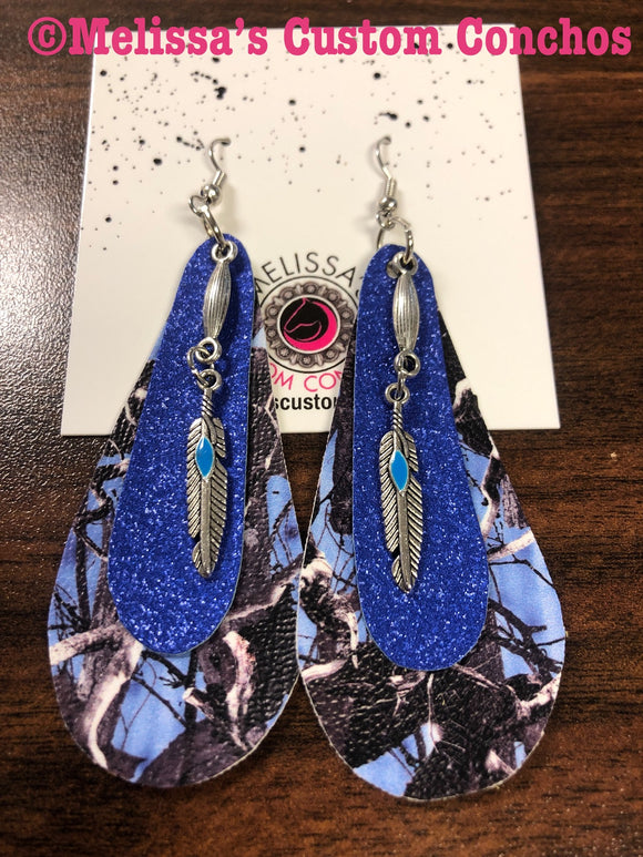 Blue Camo with feathers Leather Earrings