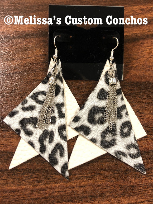 Snow Leopard and White Leather Earrings