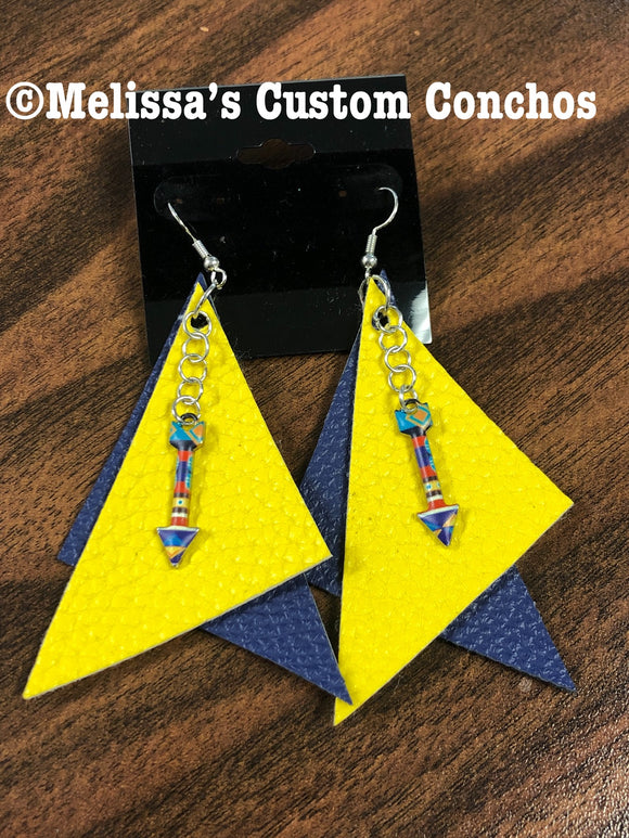 Blue/Yellow Leather Earrings with arrows