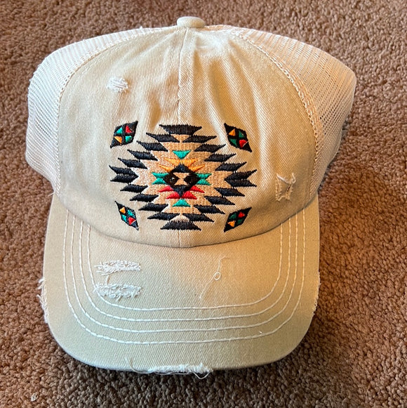Cream Aztec Criss Cross High Pony Baseball Hat