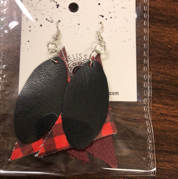 Red plaid/black Leather Earrings