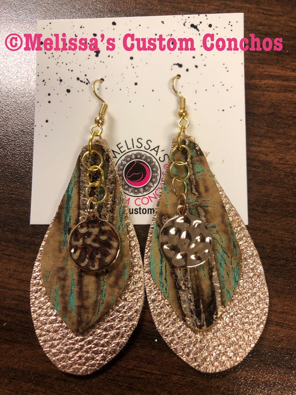Rose Gold & Turquoise/Brown Leather Earrings
