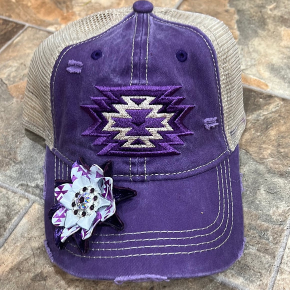 Purple Aztec High Pony Baseball Hat with flower