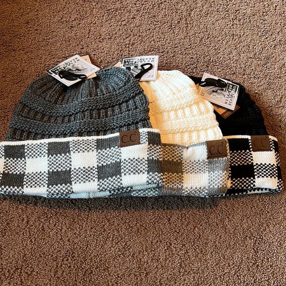 Buffalo Check Messy Bun/Pony Tail Beanie