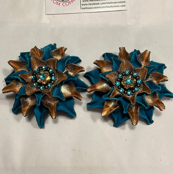 Turquoise/Gold Leather Flowers